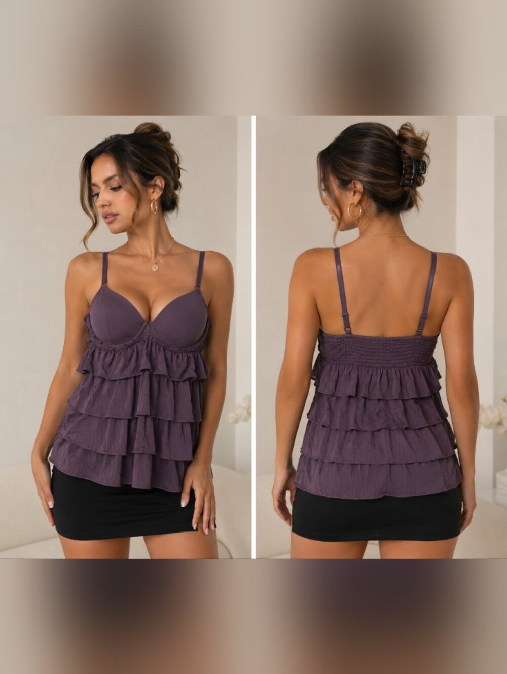 nature intimates purple tiered ruffle babydoll cami top w- built-in molded bra36